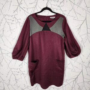 Jennifer Glasgow Burgundy Colorblock Patchwork Tencel Tunic Shift Dress